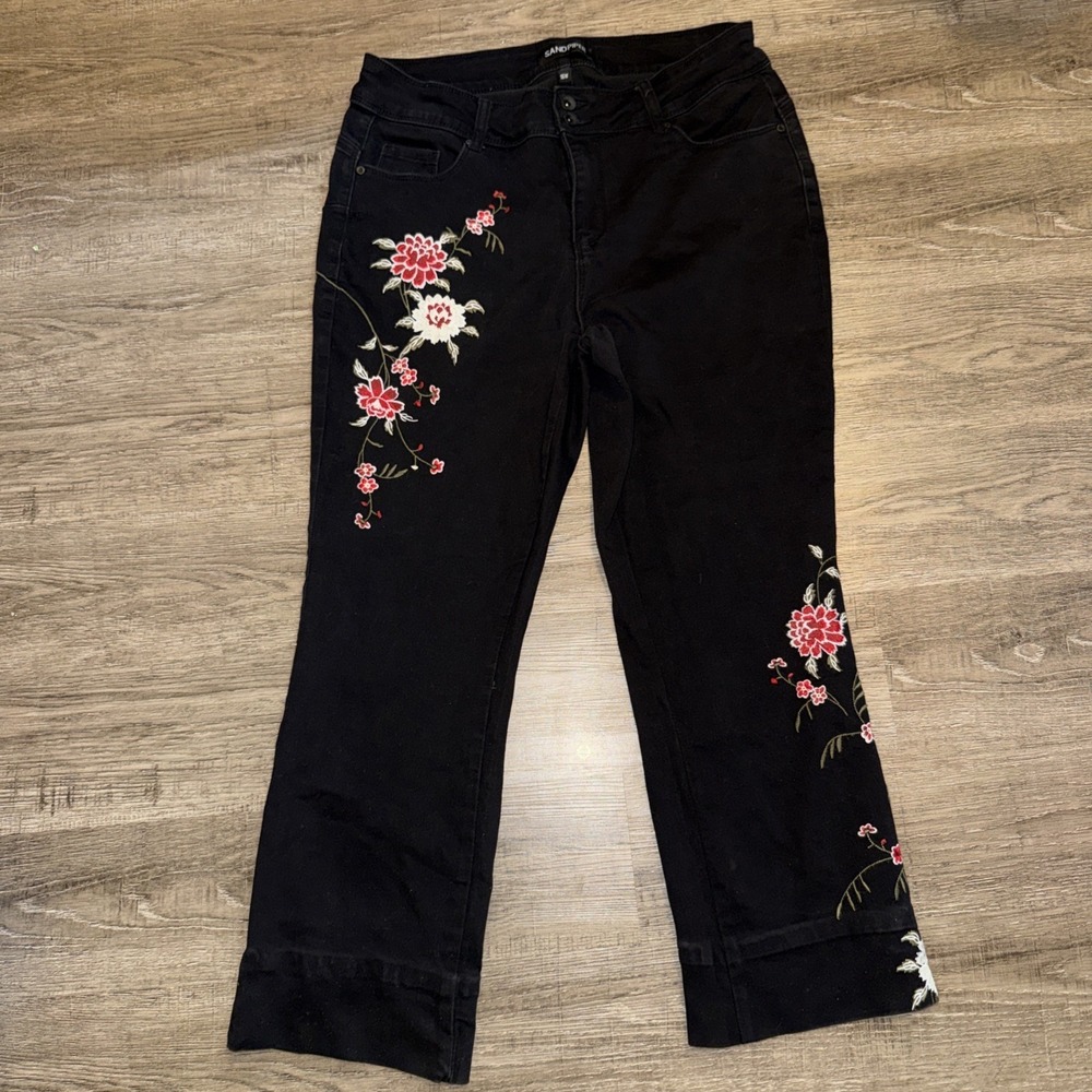 Sandpiper Black Pants 16W With Floral Embroidery Have Been Hemmed